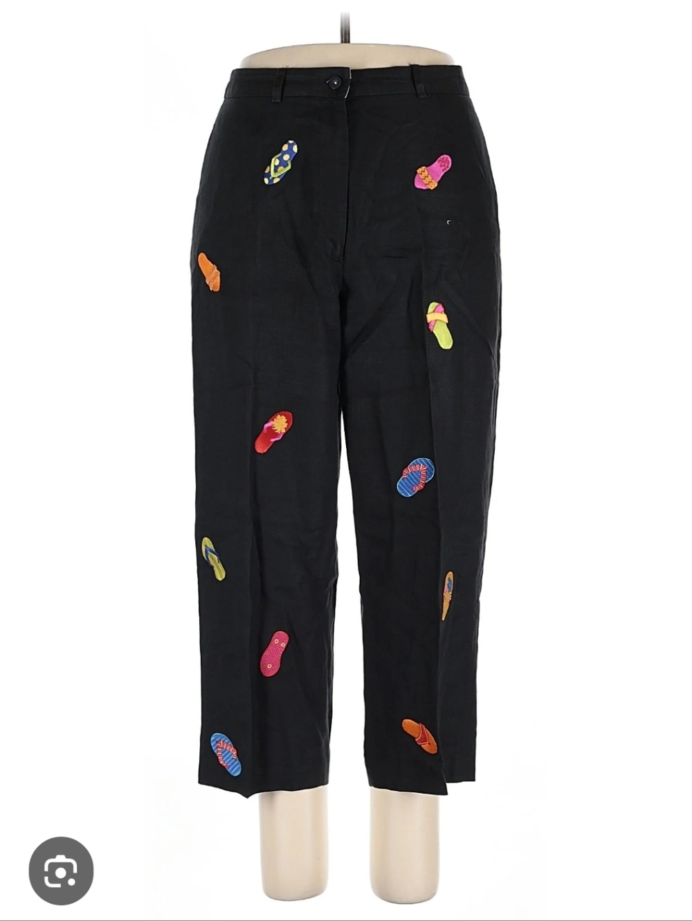 Linen Womens Crop Pants Size 8 COLORFUL Embroidered Flip Flops BEACH TROPICAL